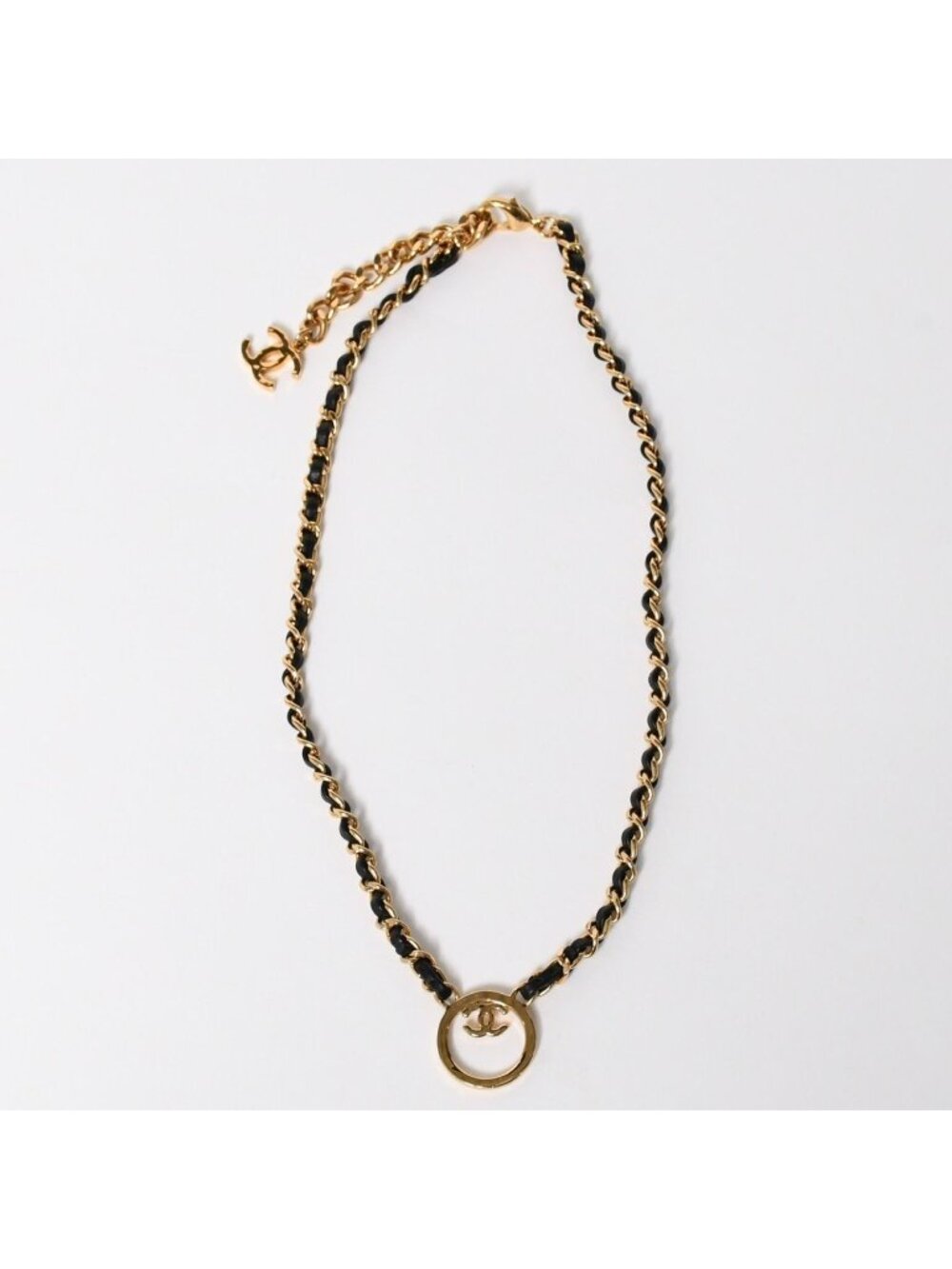 Chanel Chain Necklace Stamp CC Logo Leather Metal Gold Black